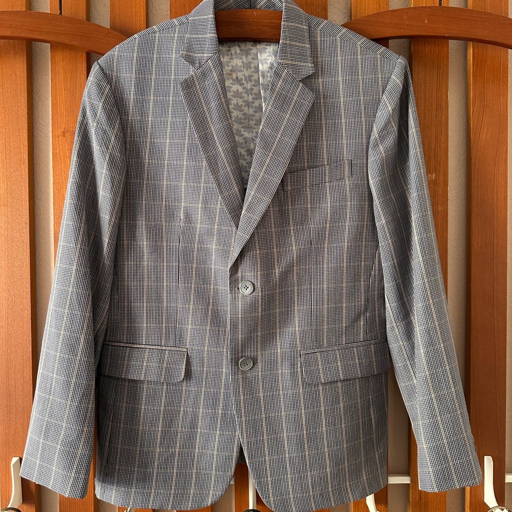 Blue and Tan Plaid Sport Coat with Notched Lapel